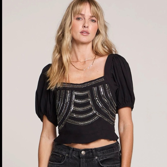 saltwater LUXE Tops - Saltwater Luxe Beaded Sequin Crop Top Black Puff Sleeve Square Neck Blouse M​